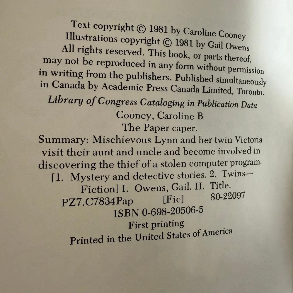 The Paper Caper Hardcover Book  1st Edition 1981 Caroline‎ B Cooney Gail Owens